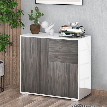 Kitchen Sideboard with 2 Doors 2 Drawers Glossy White Frame Adjustable Shelf Push-Open Storage Cabinet for Bedroom Living Room 31x14x29" Gray