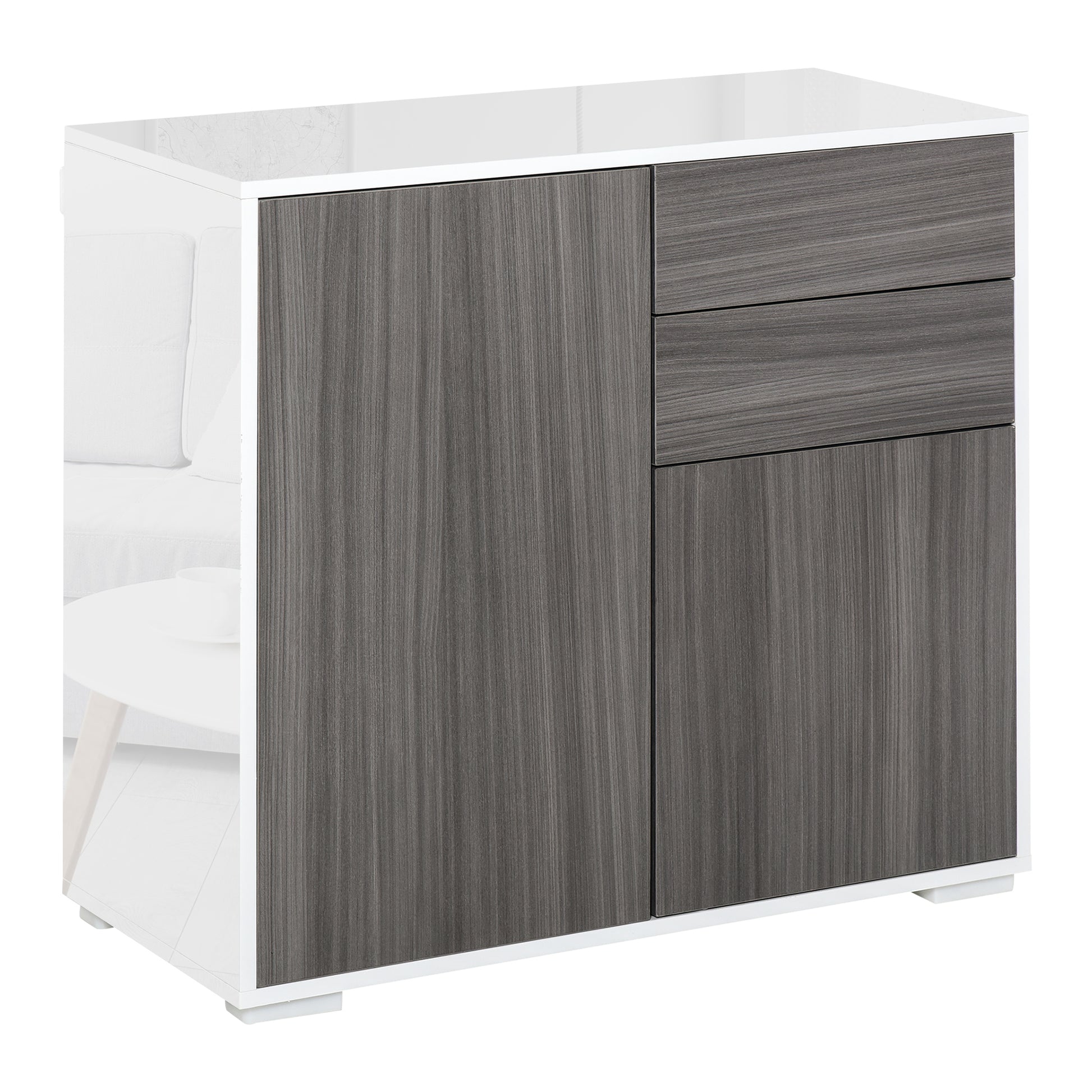 Kitchen Sideboard with 2 Doors 2 Drawers Glossy White Frame Adjustable Shelf Push-Open Storage Cabinet for Bedroom Living Room 31x14x29" Gray