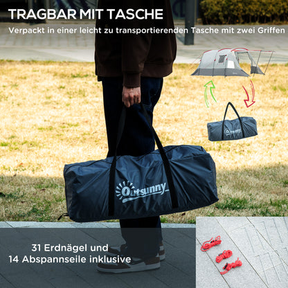 Tunnel Tent for 8 People, Camping Tent with Sleeping Cabin, Living Room, Family Tent with Carrying Bag, Groundsheet, Group Tent with 3 Doors, 2000 mm Water Column, Grey