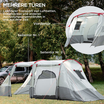 Tunnel Tent for 8 People, Camping Tent with Sleeping Cabin, Living Room, Family Tent with Carrying Bag, Groundsheet, Group Tent with 3 Doors, 2000 mm Water Column, Grey