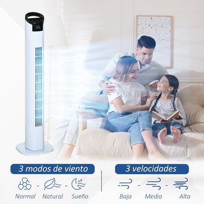 Tower Fan Vertical Fan 50W with Remote Control 3 Speeds LED Display Timer 7.5h and 70° Oscillation Ø20x78.5 cm White