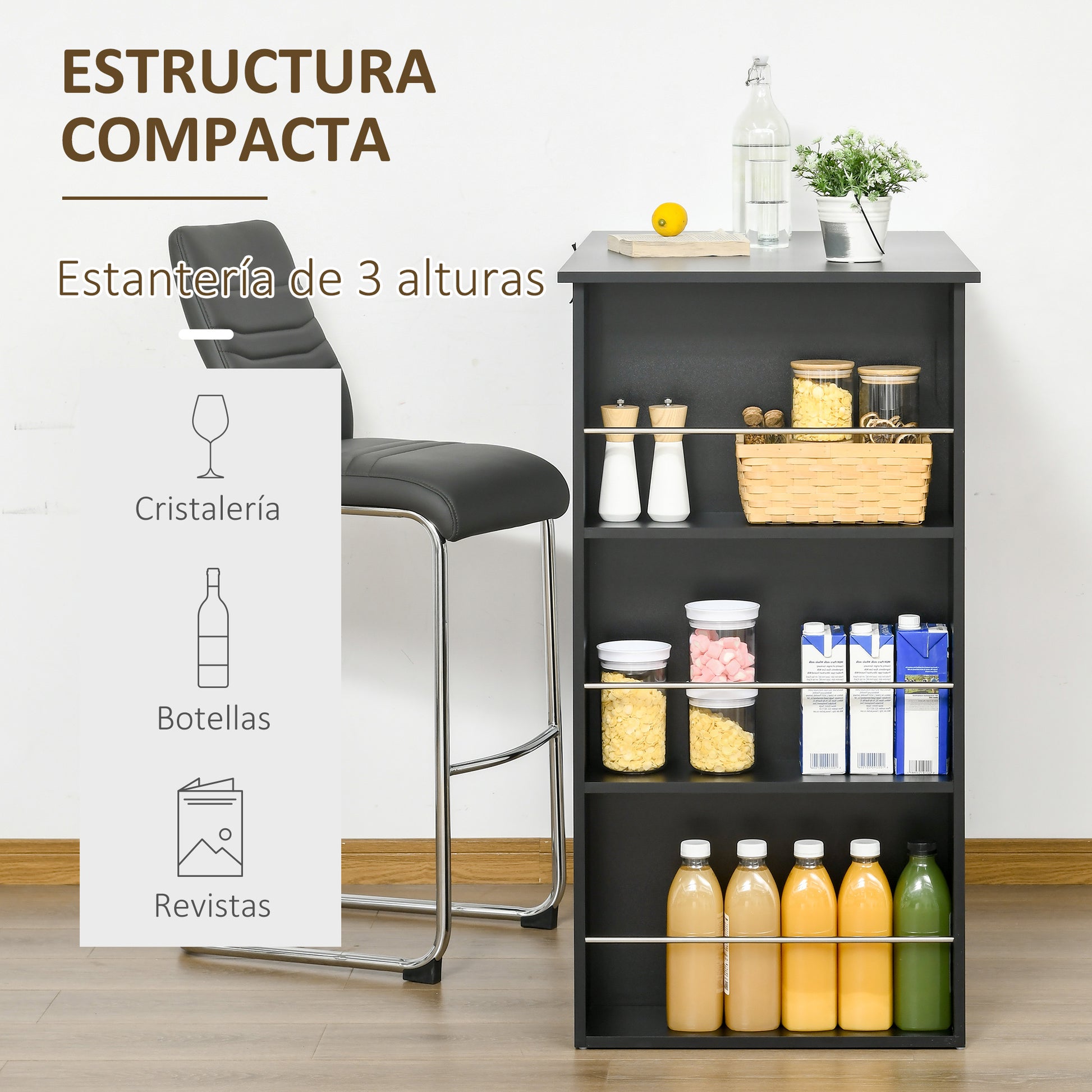 Bistro Bar Table Dining Table with 3 Shelves for Drinks and Bar Wood Structure High Table for Kitchen Living Room 112x57x106 cm Black