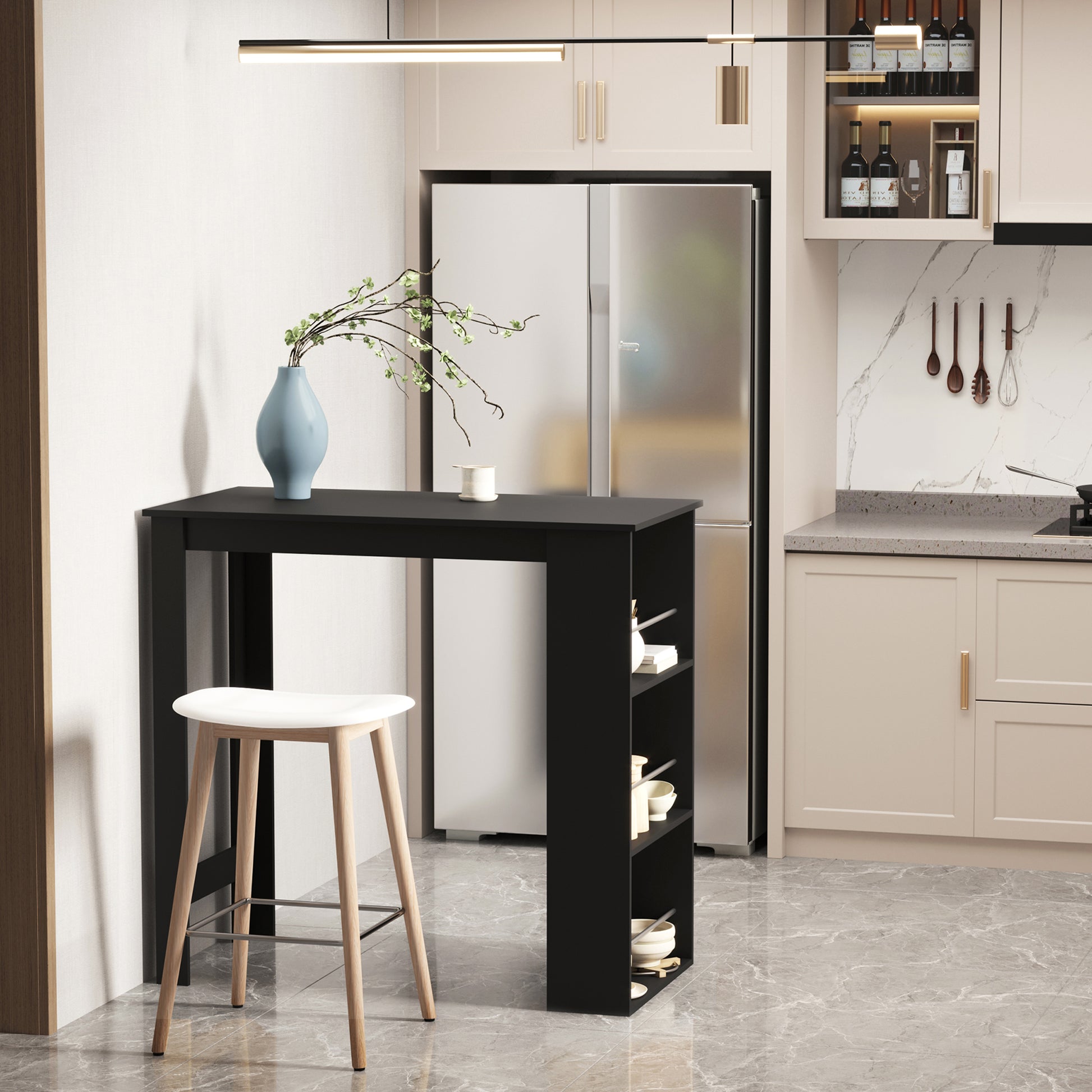 Bistro Bar Table Dining Table with 3 Shelves for Drinks and Bar Wood Structure High Table for Kitchen Living Room 112x57x106 cm Black