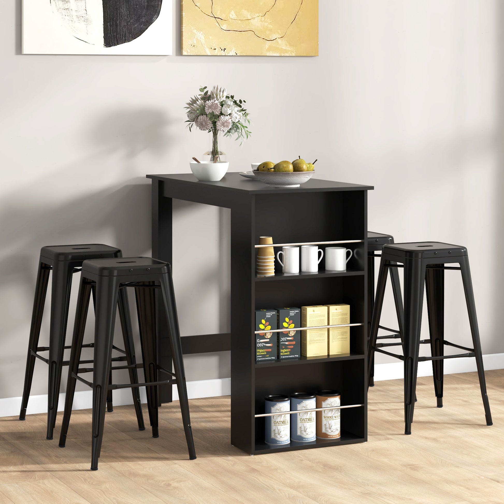 Bistro Bar Table Dining Table with 3 Shelves for Drinks and Bar Wood Structure High Table for Kitchen Living Room 112x57x106 cm Black