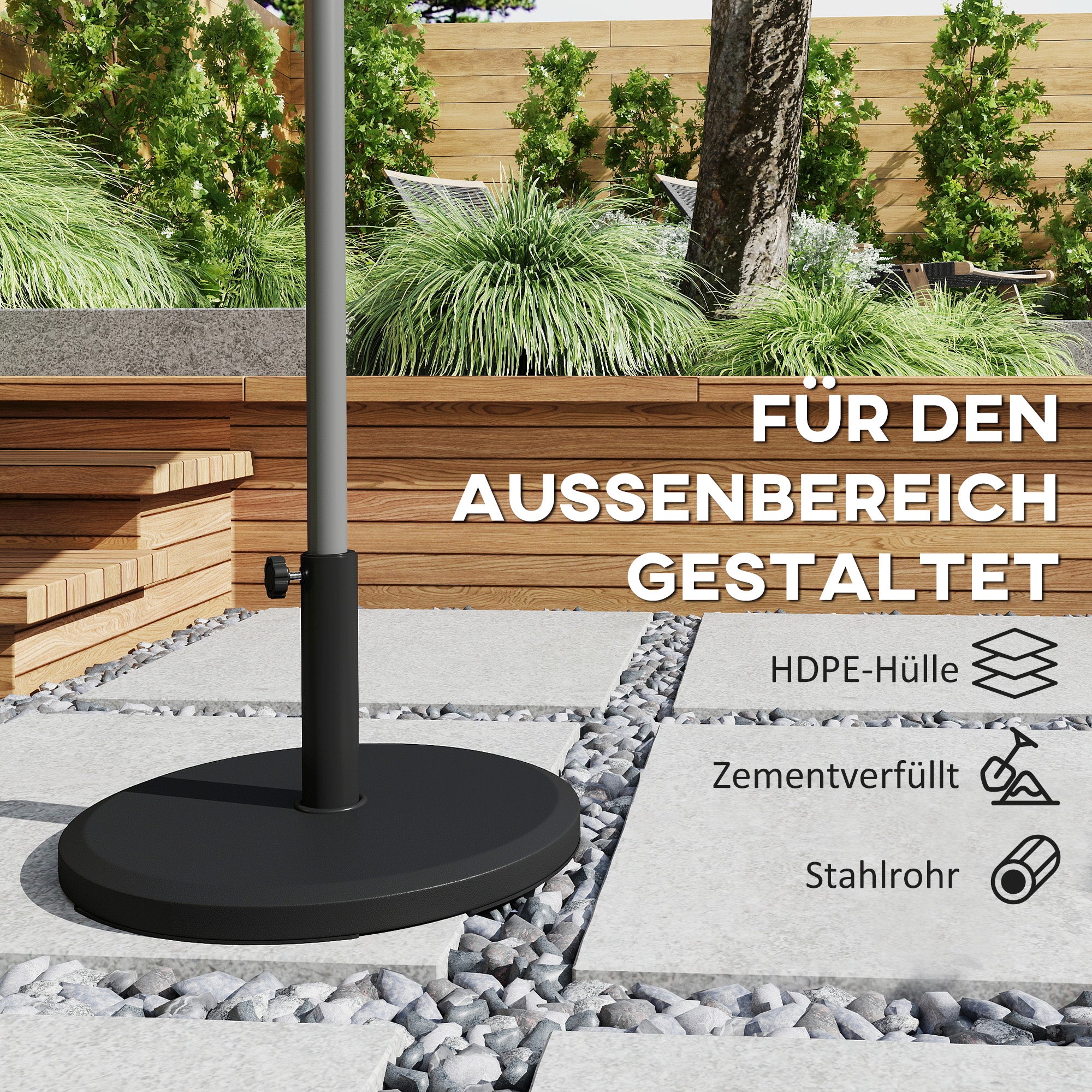 13 kg (28.7 lb) Cement Umbrella Base, Round Parasol Stand — Fits Ø34/38/48 mm (1.34/1.50/1.89 in) Poles — For Balcony, Patio, Garden — Black