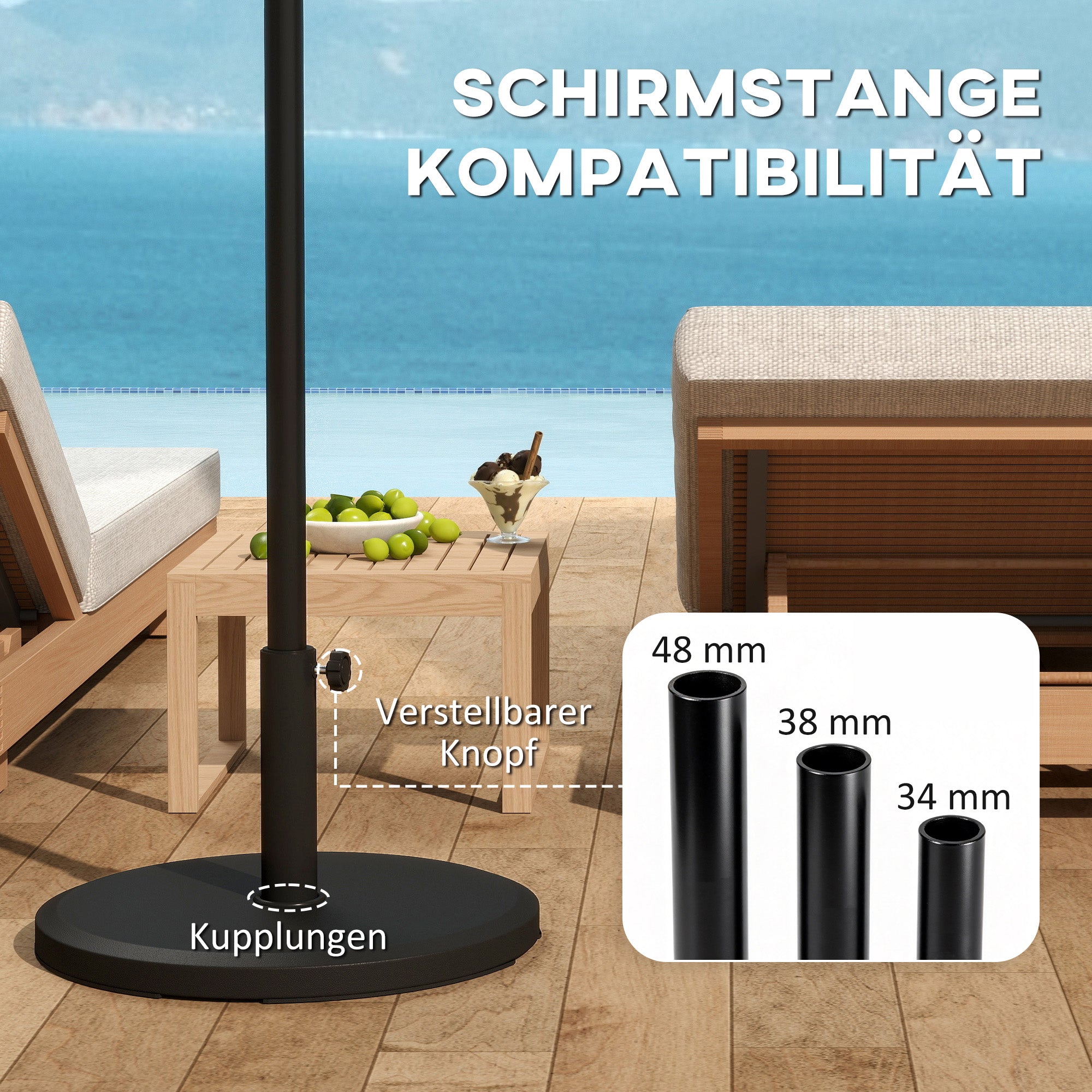 13 kg (28.7 lb) Cement Umbrella Base, Round Parasol Stand — Fits Ø34/38/48 mm (1.34/1.50/1.89 in) Poles — For Balcony, Patio, Garden — Black