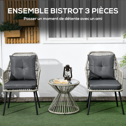 Garden Bistro Set 3 Pieces Bistro Garden Set Steel Frame 2 Armchairs + 1 Round Coffee Table Grey Cushions Included