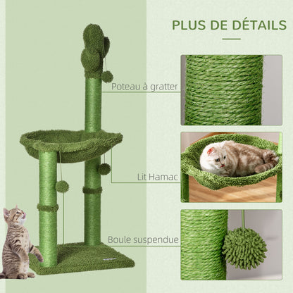Cat Tree Scratching Post Cactus Shape with Natural Sisal Hammock and Dangling Pom-Pom - 40 x 40 x 96 cm Green