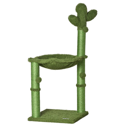 Cat Tree Scratching Post Cactus Shape with Natural Sisal Hammock and Dangling Pom-Pom - 40 x 40 x 96 cm Green