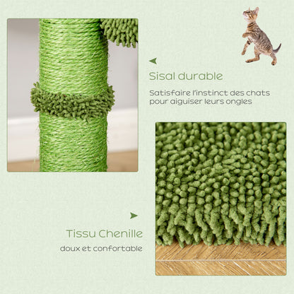 Cat Tree Scratching Post Cactus Shape with Natural Sisal Hammock and Dangling Pom-Pom - 40 x 40 x 96 cm Green