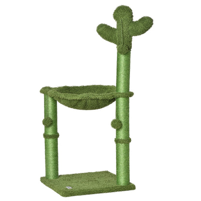 Cat Tree Scratching Post Cactus Shape with Natural Sisal Hammock and Dangling Pom-Pom - 40 x 40 x 96 cm Green