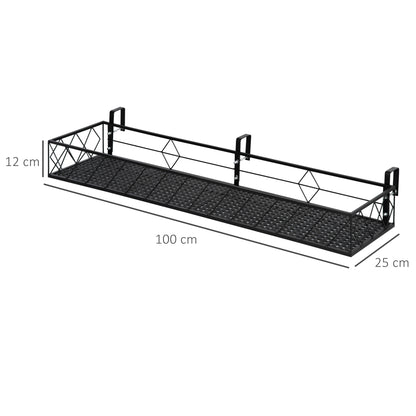 Outdoor Planter with Railing Hooks, Metal Balcony and Terrace Flower Pot Holder, Load Capacity Up to 20kg, 100x31x12cm, Black