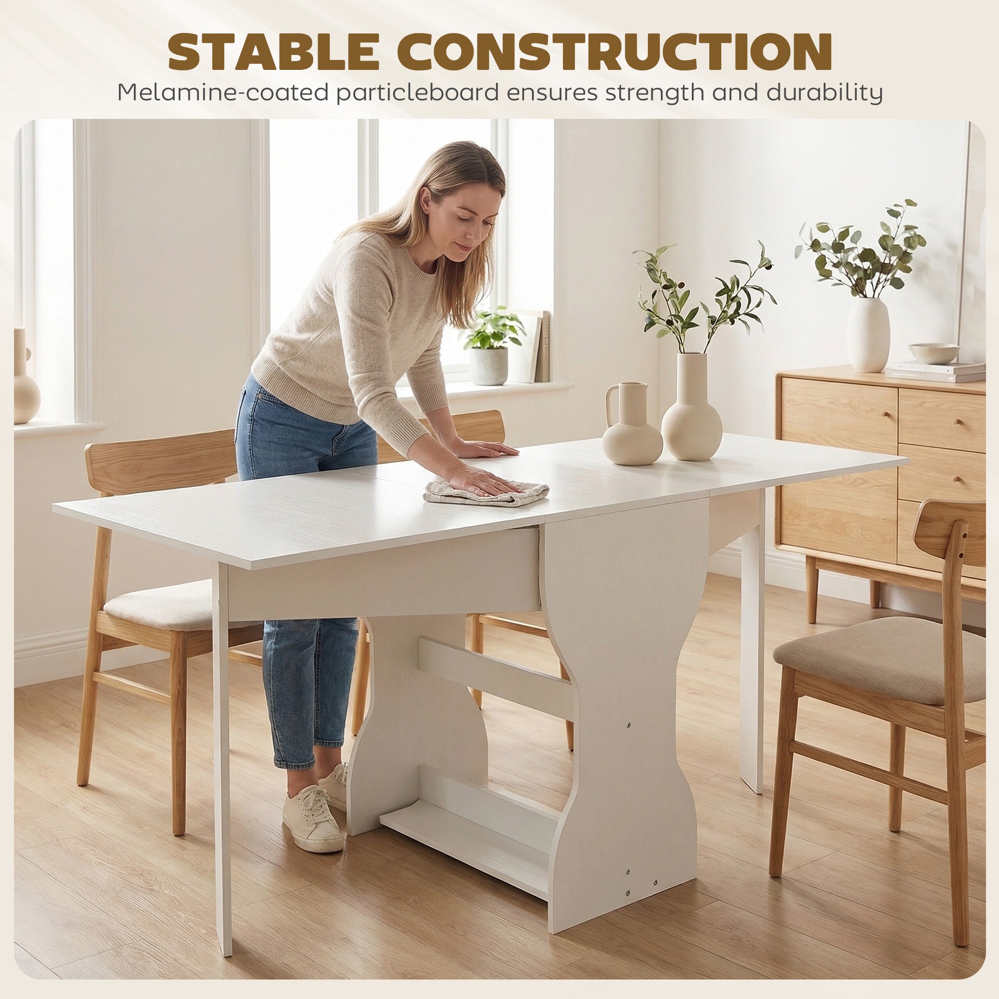 Folding Dining Table 63" — Space-Saving Console with Storage Shelf for Small Spaces, Modern Table for 4, White