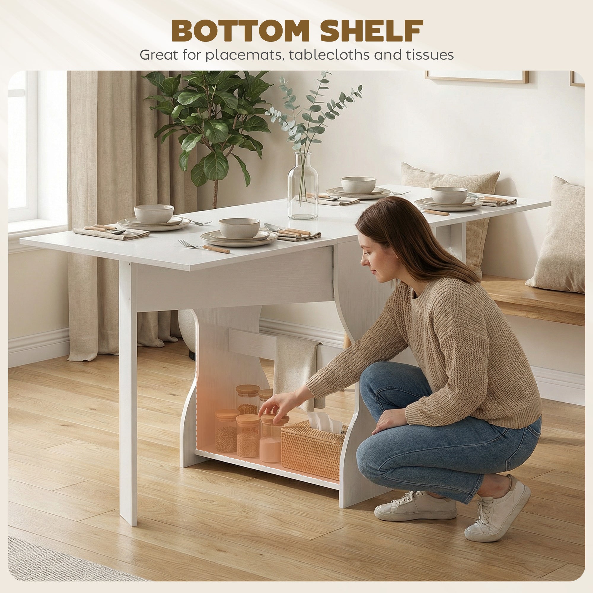 Folding Dining Table 63" — Space-Saving Console with Storage Shelf for Small Spaces, Modern Table for 4, White