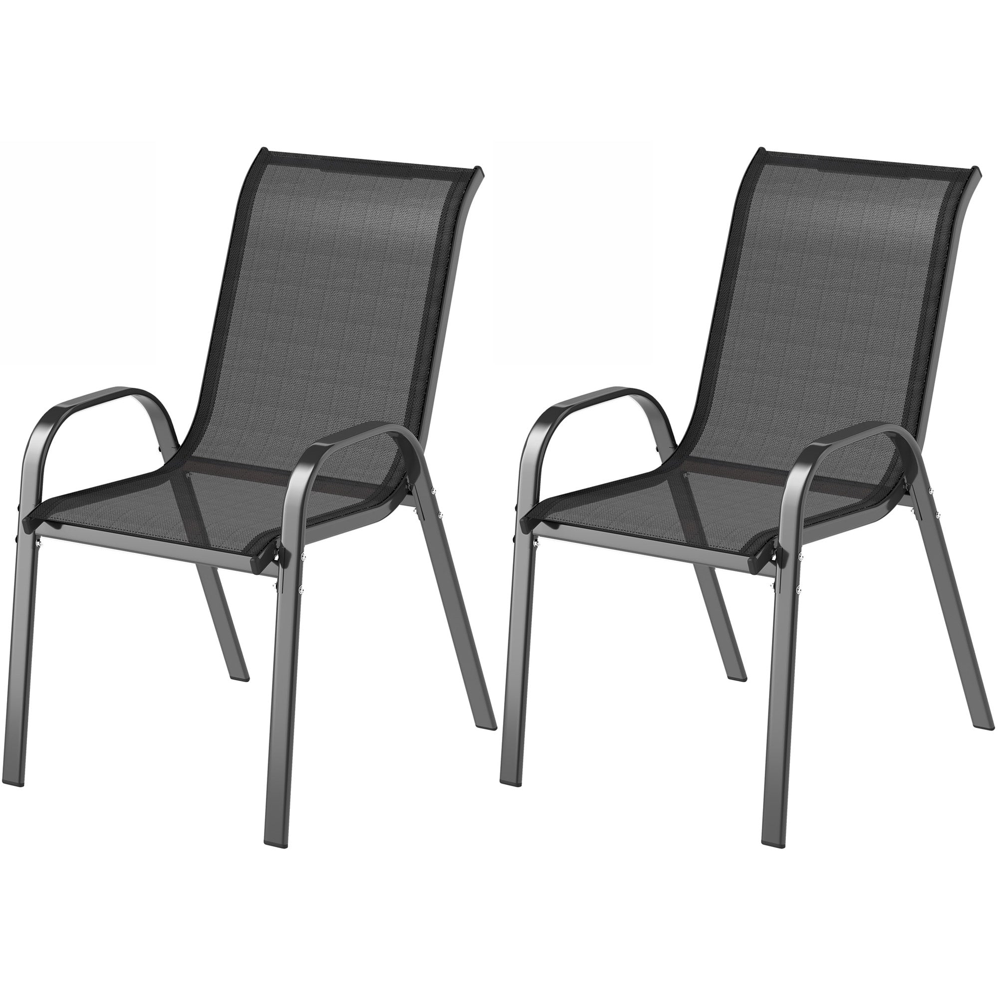 Set of 2 Stackable Outdoor Dining Chairs — Breathable Mesh, High Reclined Back, Powder-Coated Steel Frame, Black