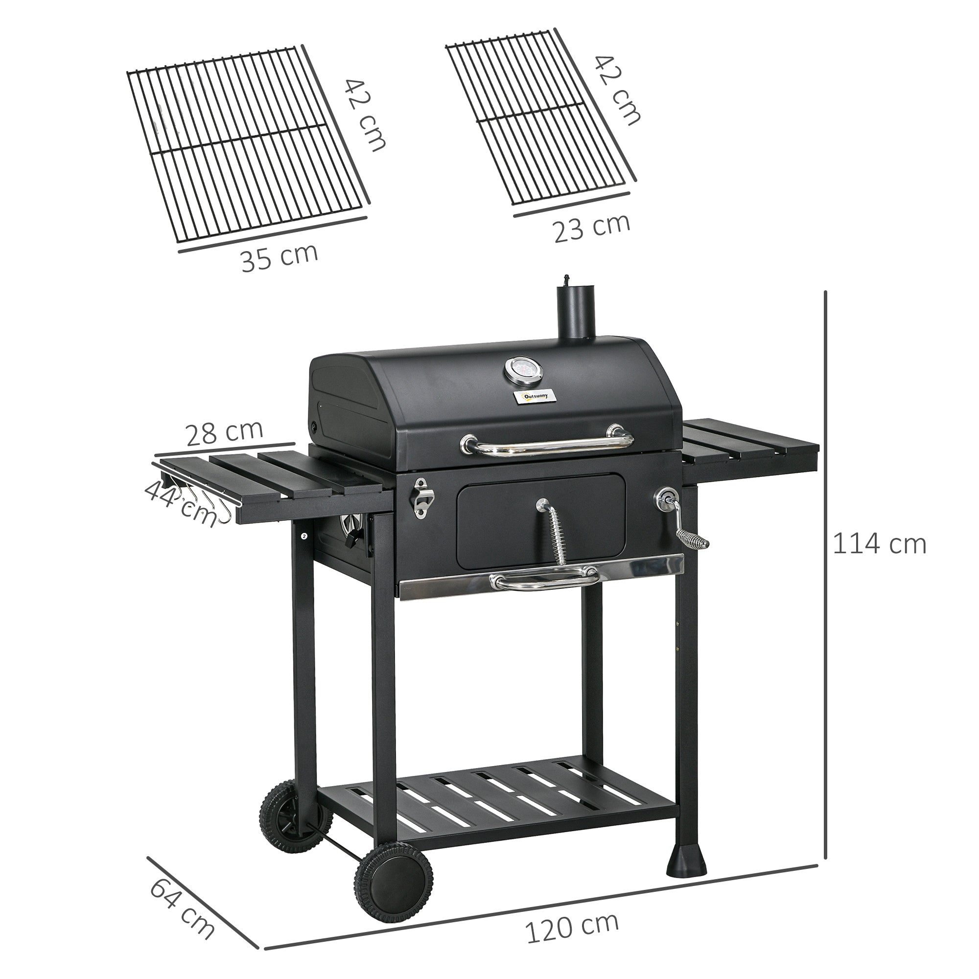 Charcoal Grill, Camping Grill with Two Grills, Folding Side Table, Grill Cart with Shelf, BBQ Handle, Stainless Steel, Black, 120 x 64 x 114 cm