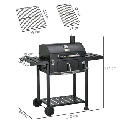 Charcoal Grill, Camping Grill with Two Grills, Folding Side Table, Grill Cart with Shelf, BBQ Handle, Stainless Steel, Black, 120 x 64 x 114 cm