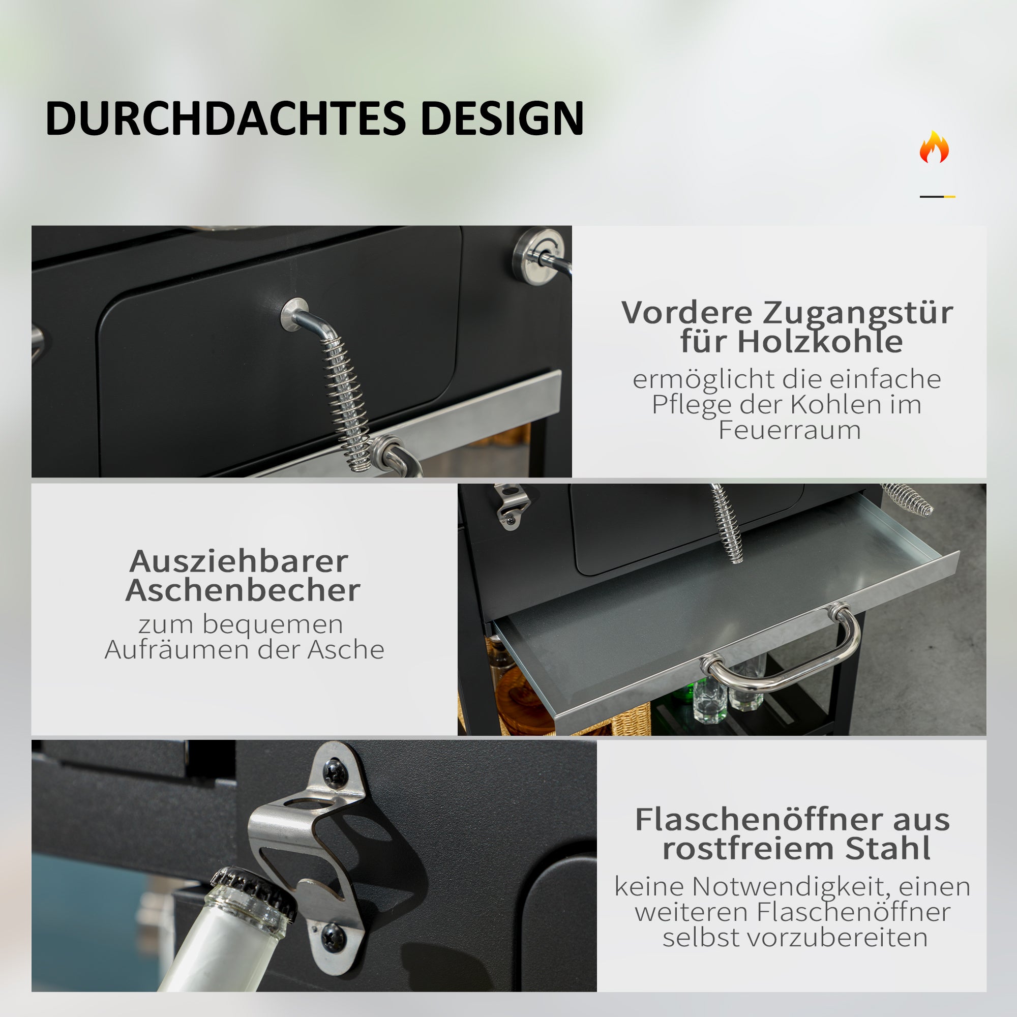 Charcoal Grill, Camping Grill with Two Grills, Folding Side Table, Grill Cart with Shelf, BBQ Handle, Stainless Steel, Black, 120 x 64 x 114 cm