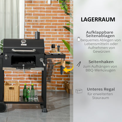 Charcoal Grill, Camping Grill with Two Grills, Folding Side Table, Grill Cart with Shelf, BBQ Handle, Stainless Steel, Black, 120 x 64 x 114 cm