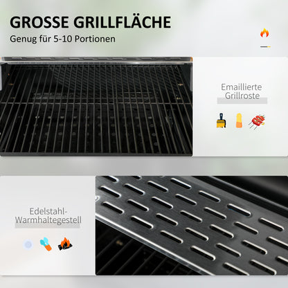 Charcoal Grill, Camping Grill with Two Grills, Folding Side Table, Grill Cart with Shelf, BBQ Handle, Stainless Steel, Black, 120 x 64 x 114 cm