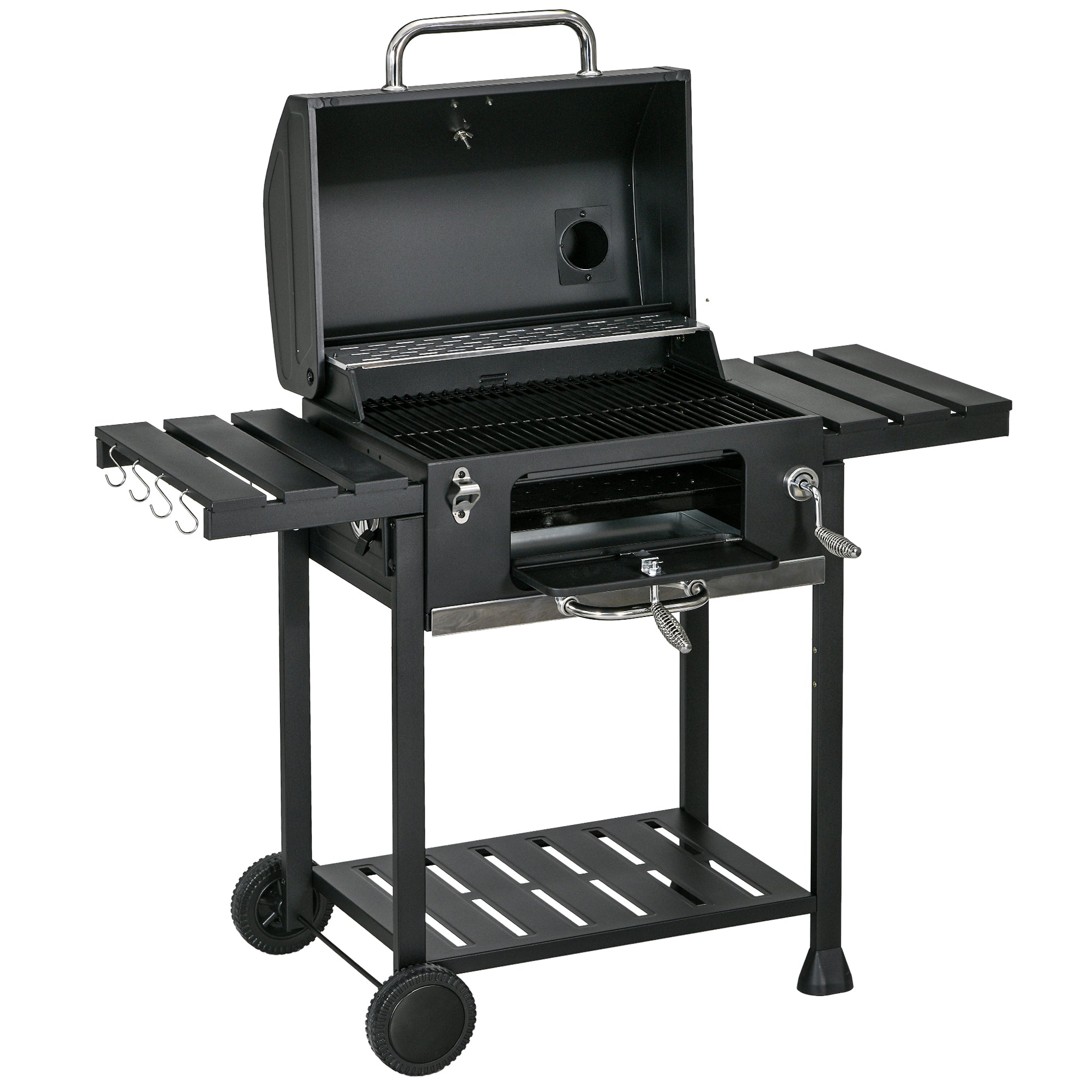 Charcoal Grill, Camping Grill with Two Grills, Folding Side Table, Grill Cart with Shelf, BBQ Handle, Stainless Steel, Black, 120 x 64 x 114 cm