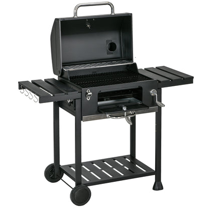 Charcoal Grill, Camping Grill with Two Grills, Folding Side Table, Grill Cart with Shelf, BBQ Handle, Stainless Steel, Black, 120 x 64 x 114 cm