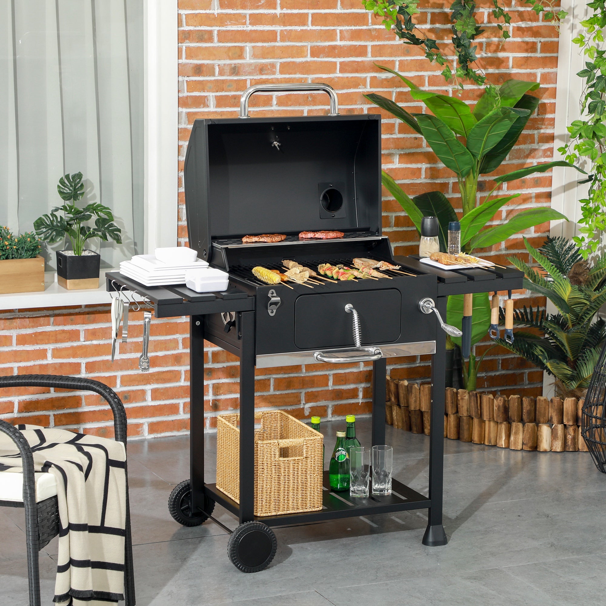 Charcoal Grill, Camping Grill with Two Grills, Folding Side Table, Grill Cart with Shelf, BBQ Handle, Stainless Steel, Black, 120 x 64 x 114 cm