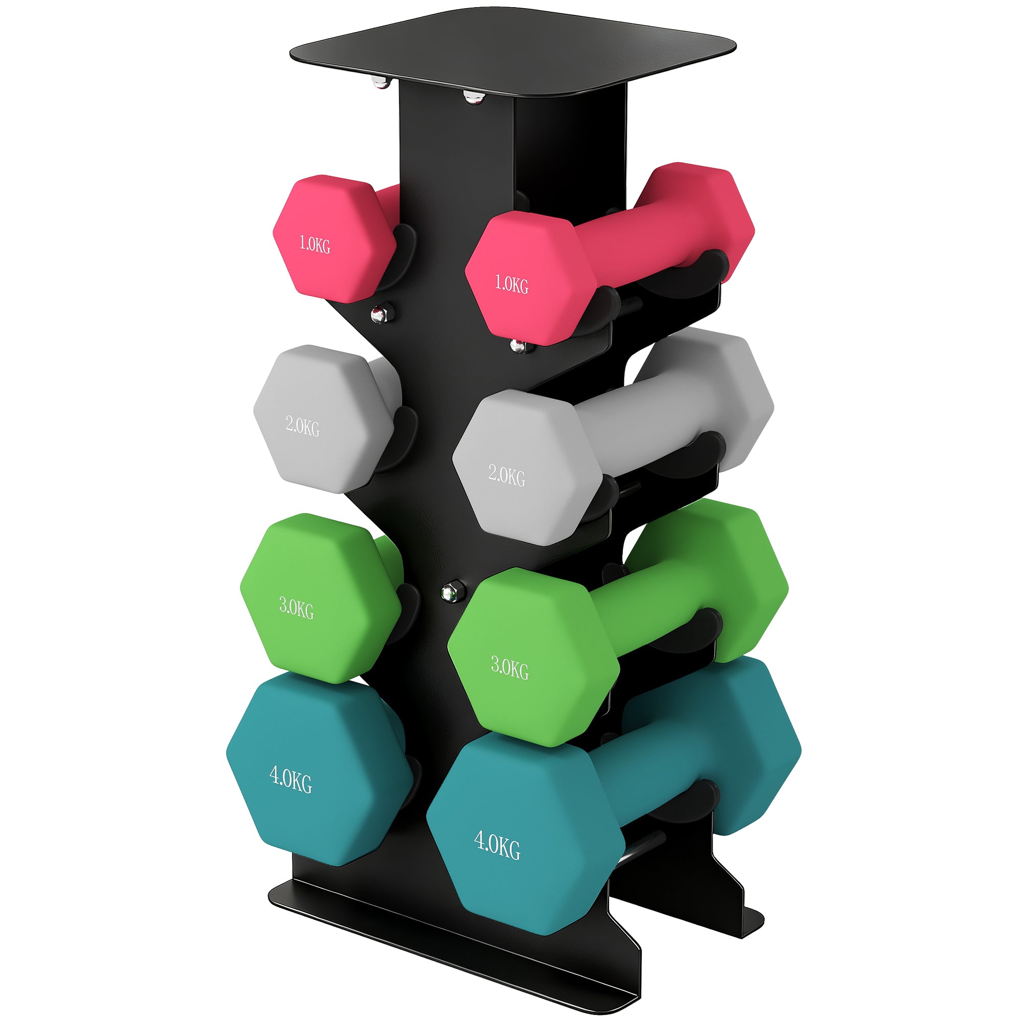 SPORTNOW Dumbbell Set — 8-Piece Hex Dumbbells (1–4 kg) with Storage Rack, Non-Slip Grip, Floor-Protective Coating — Home Gym