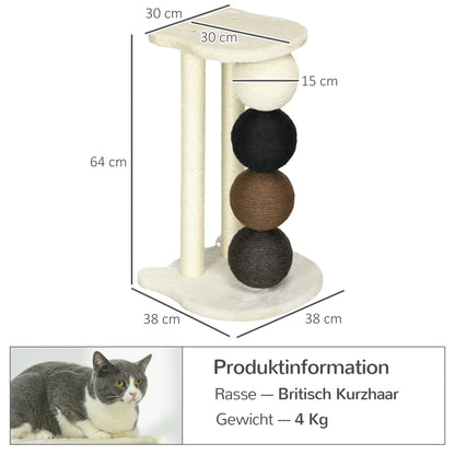 Scratching Post for Cats, Cat Scratching Tree with Platform, Scratching Post with 2 Sisal Posts and 4 Sisal Balls, Cat Scratcher Toy, 38 x 38 x 64 cm