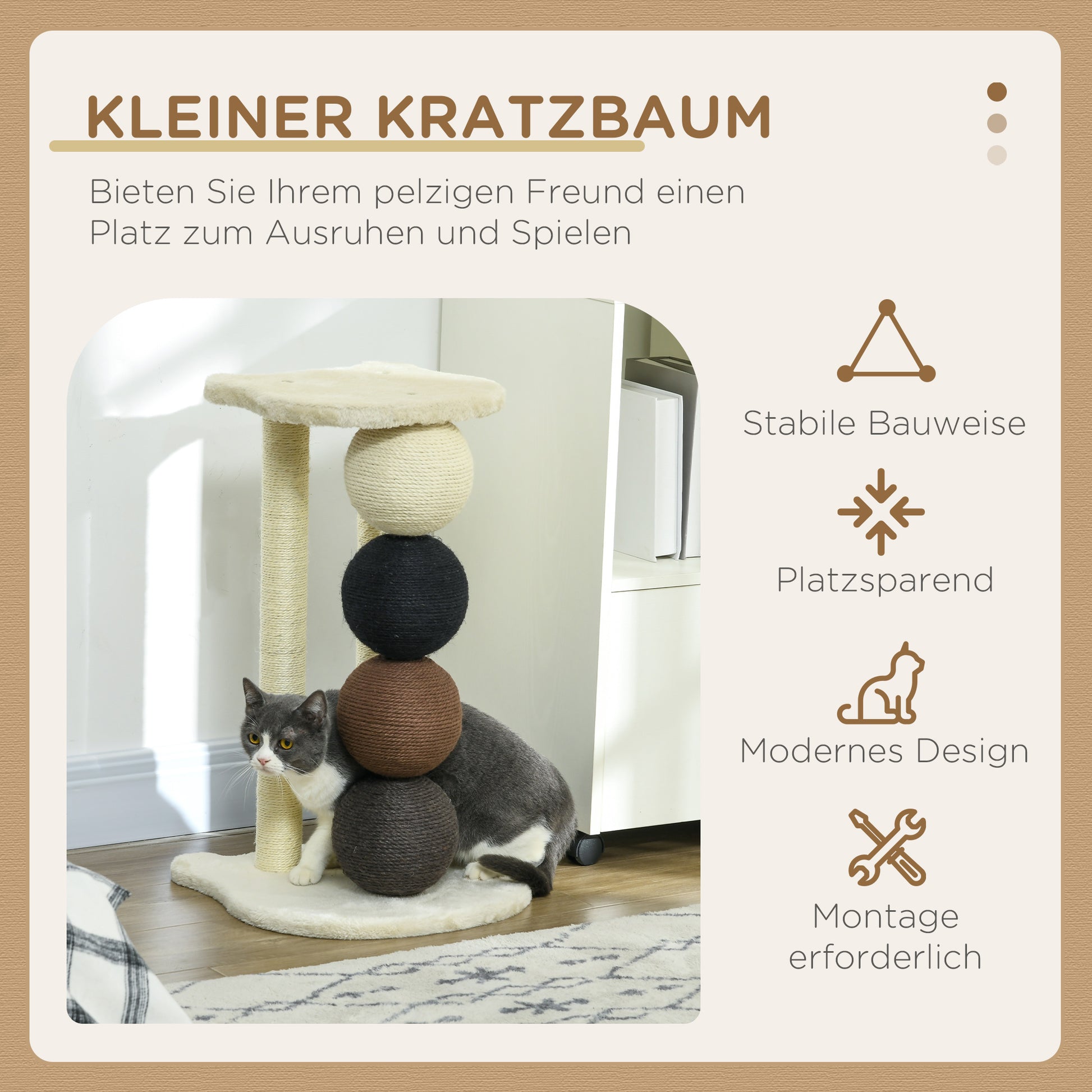 Scratching Post for Cats, Cat Scratching Tree with Platform, Scratching Post with 2 Sisal Posts and 4 Sisal Balls, Cat Scratcher Toy, 38 x 38 x 64 cm
