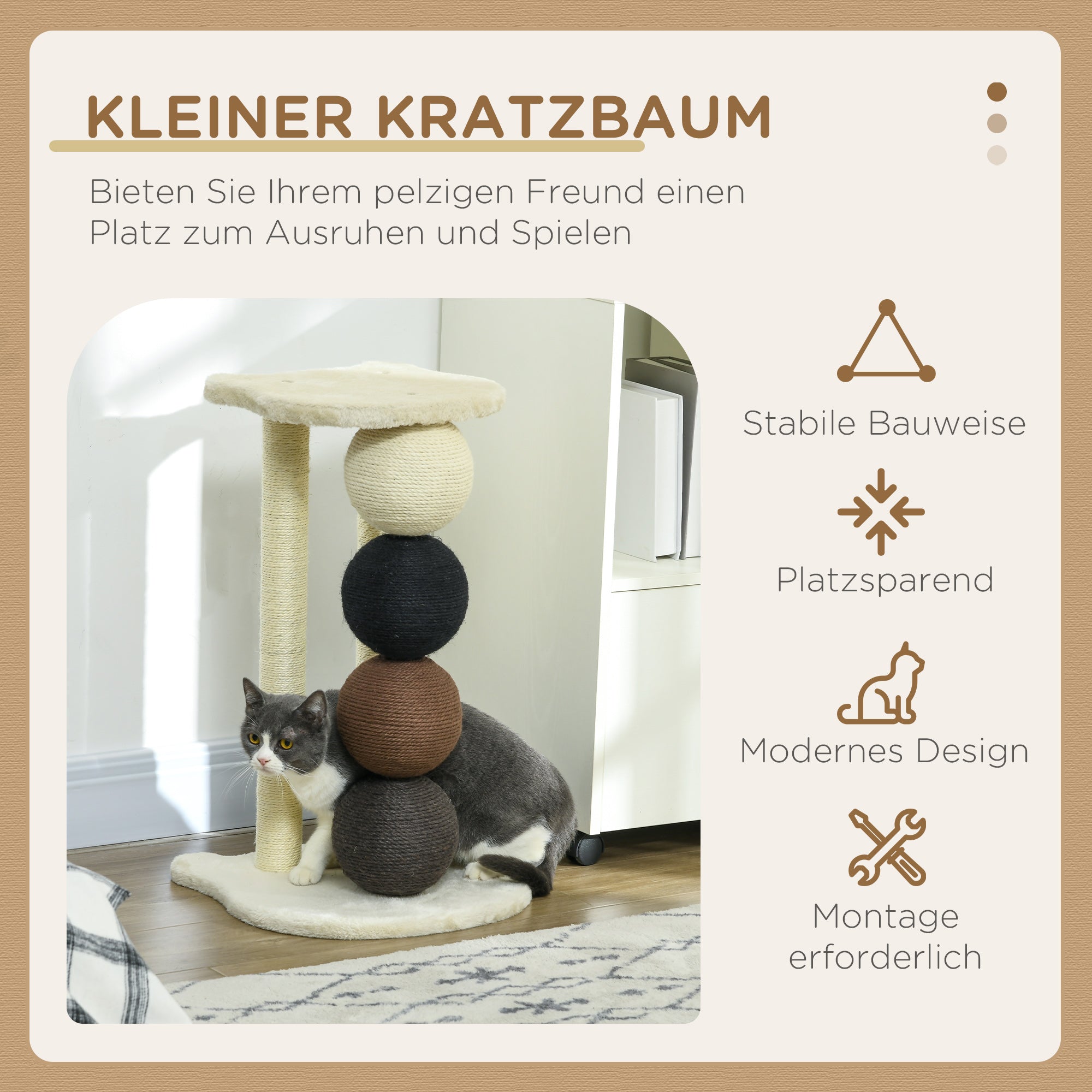 Scratching Post for Cats, Cat Scratching Tree with Platform, Scratching Post with 2 Sisal Posts and 4 Sisal Balls, Cat Scratcher Toy, 38 x 38 x 64 cm