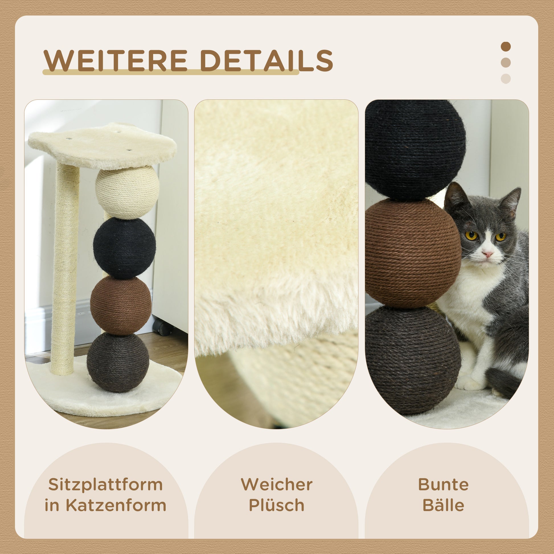 Scratching Post for Cats, Cat Scratching Tree with Platform, Scratching Post with 2 Sisal Posts and 4 Sisal Balls, Cat Scratcher Toy, 38 x 38 x 64 cm