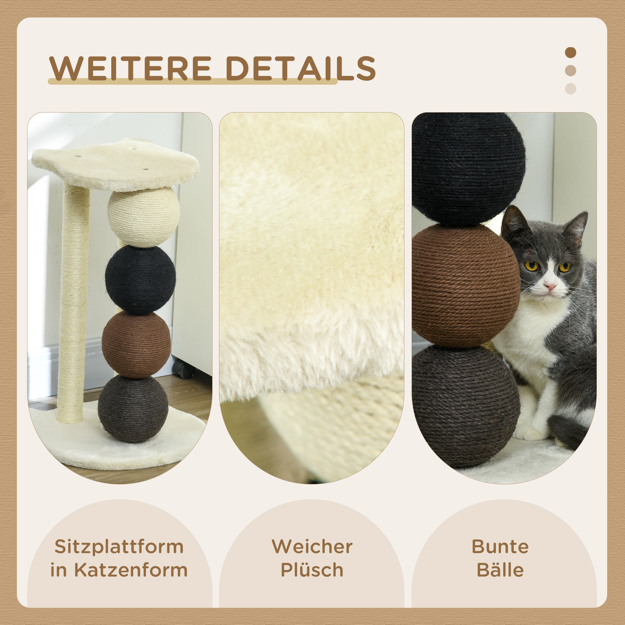 Scratching Post for Cats, Cat Scratching Tree with Platform, Scratching Post with 2 Sisal Posts and 4 Sisal Balls, Cat Scratcher Toy, 38 x 38 x 64 cm