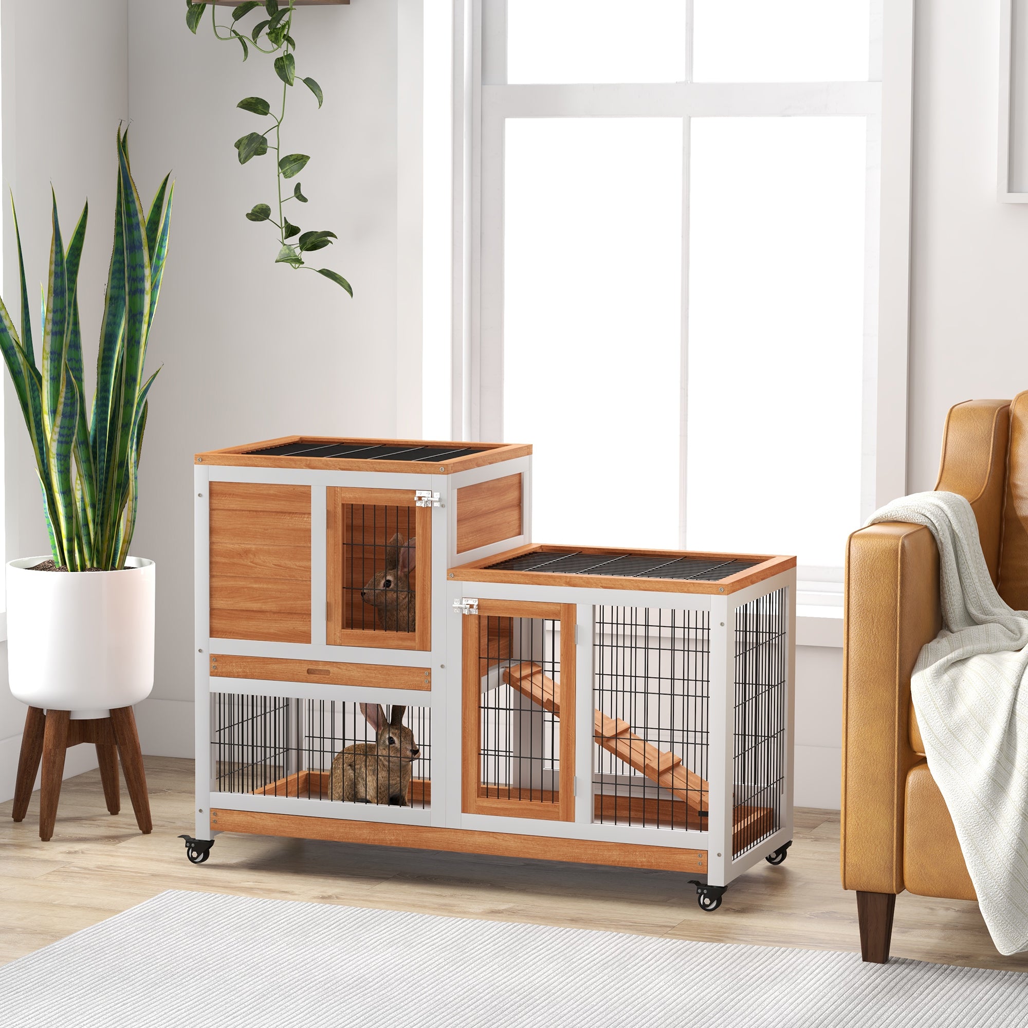 2-Level Wooden Rabbit Hutch Cage for Rabbits with Wheels Doors Open Area Ramp and 2 Removable Trays Indoor Rabbit Hutch 110x50x88 cm Natural and White