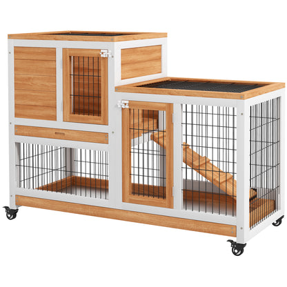 2-Level Wooden Rabbit Hutch Cage for Rabbits with Wheels Doors Open Area Ramp and 2 Removable Trays Indoor Rabbit Hutch 110x50x88 cm Natural and White