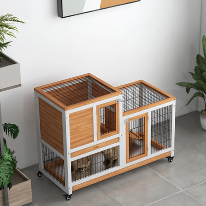 2-Level Wooden Rabbit Hutch Cage for Rabbits with Wheels Doors Open Area Ramp and 2 Removable Trays Indoor Rabbit Hutch 110x50x88 cm Natural and White