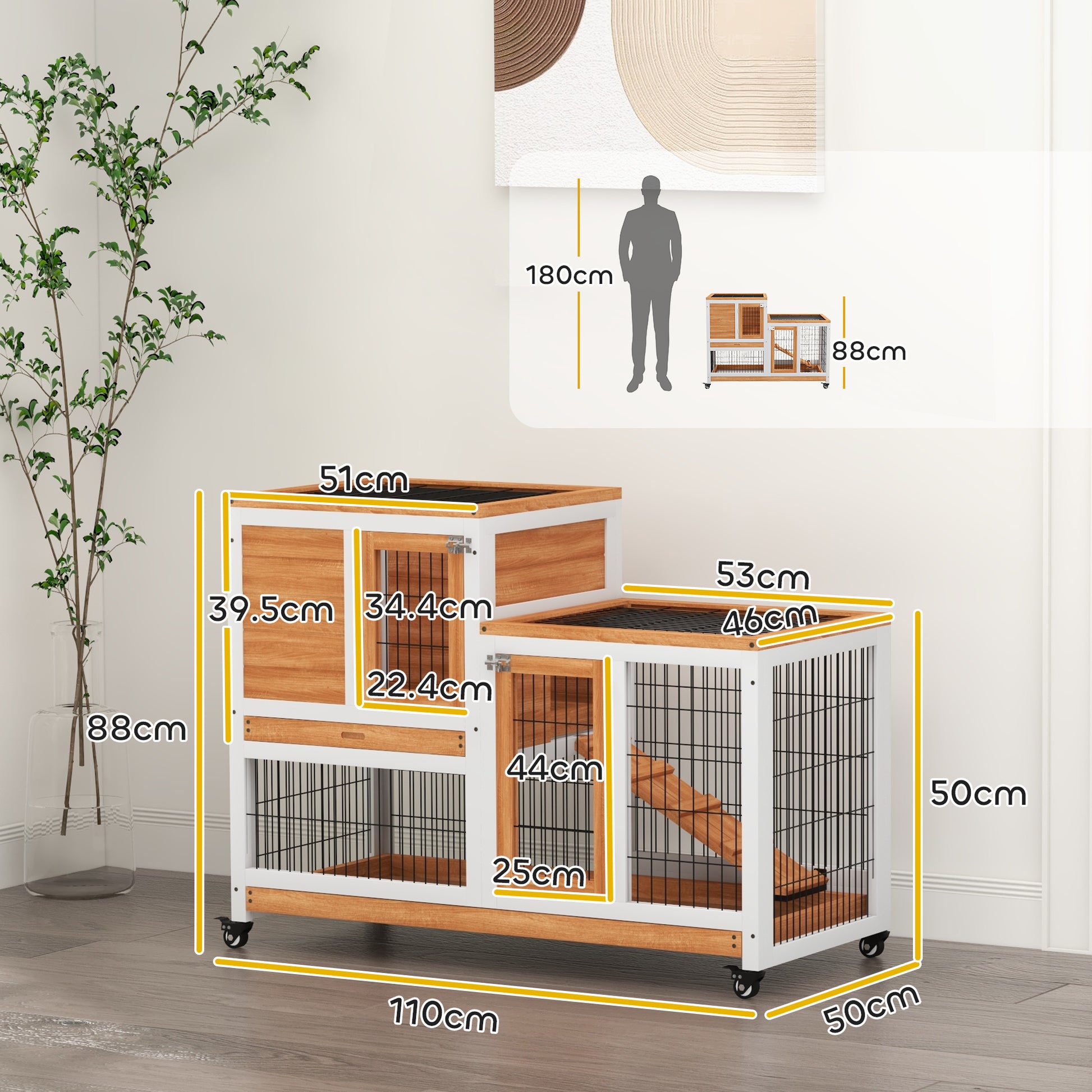 2-Level Wooden Rabbit Hutch Cage for Rabbits with Wheels Doors Open Area Ramp and 2 Removable Trays Indoor Rabbit Hutch 110x50x88 cm Natural and White