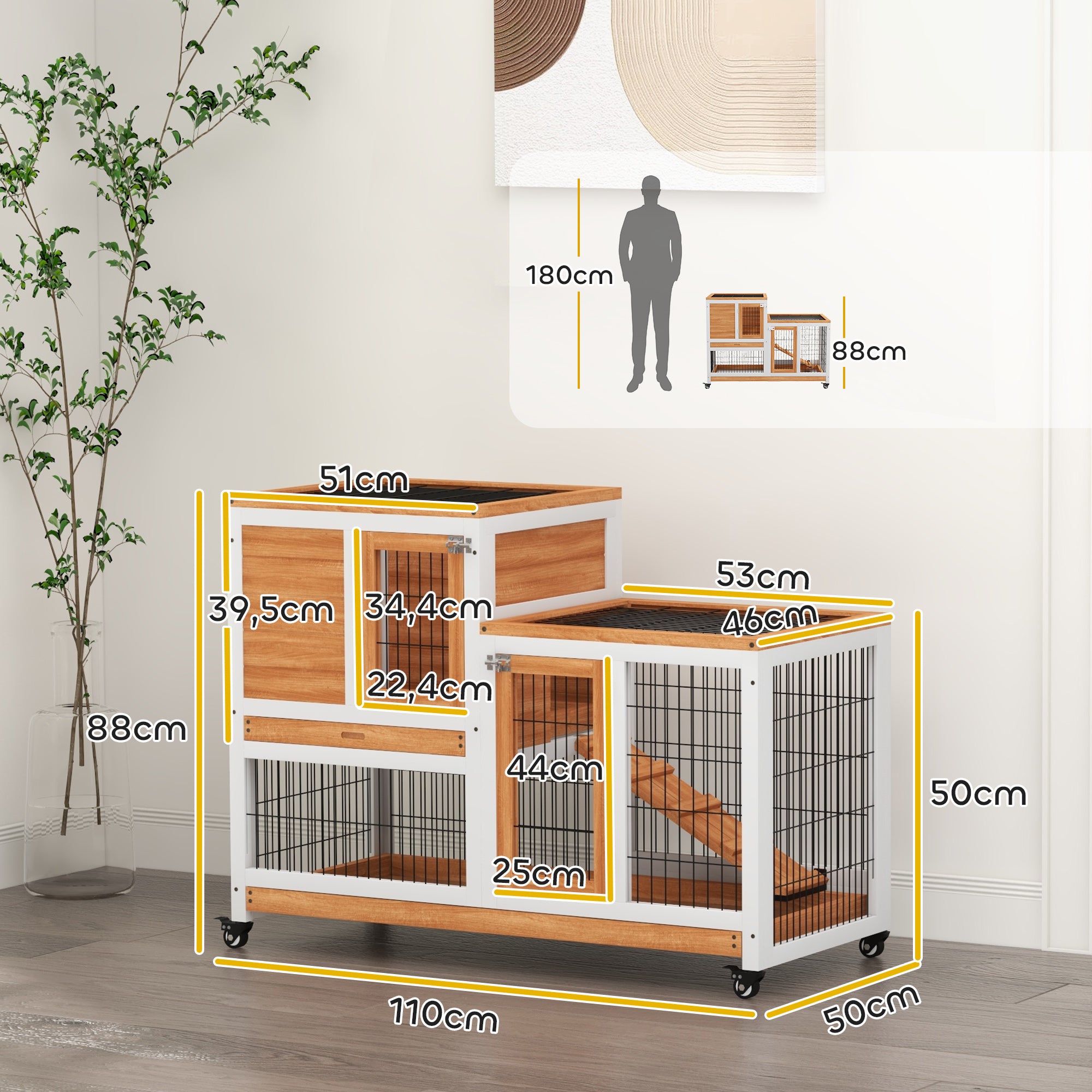 2-Level Wooden Rabbit Hutch Cage for Rabbits with Wheels Doors Open Area Ramp and 2 Removable Trays Indoor Rabbit Hutch 110x50x88 cm Natural and White