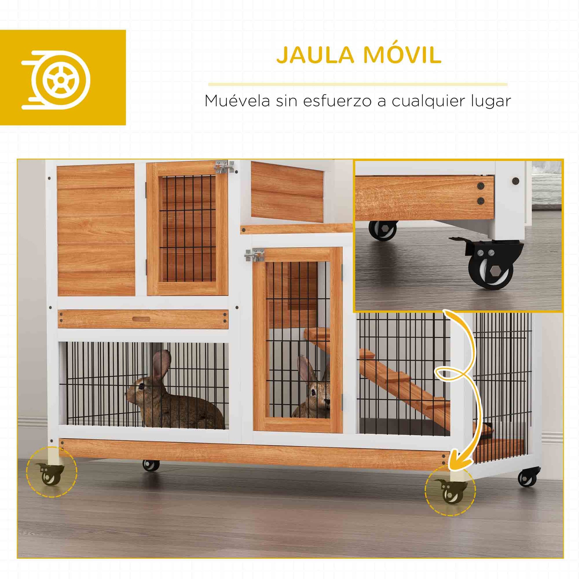 2-Level Wooden Rabbit Hutch Cage for Rabbits with Wheels Doors Open Area Ramp and 2 Removable Trays Indoor Rabbit Hutch 110x50x88 cm Natural and White