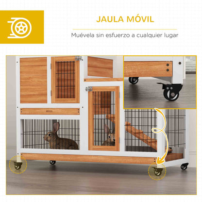2-Level Wooden Rabbit Hutch Cage for Rabbits with Wheels Doors Open Area Ramp and 2 Removable Trays Indoor Rabbit Hutch 110x50x88 cm Natural and White