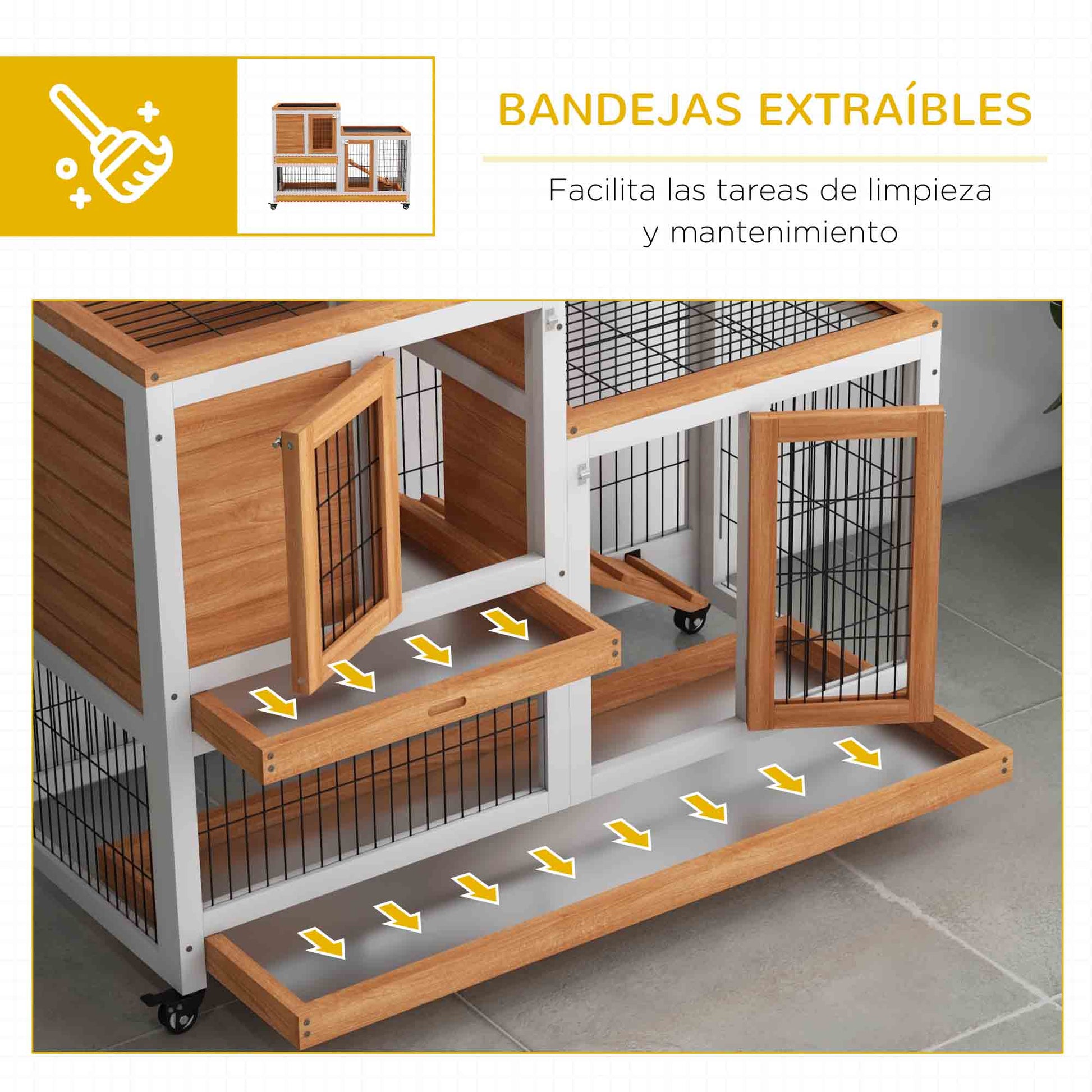 2-Level Wooden Rabbit Hutch Cage for Rabbits with Wheels Doors Open Area Ramp and 2 Removable Trays Indoor Rabbit Hutch 110x50x88 cm Natural and White