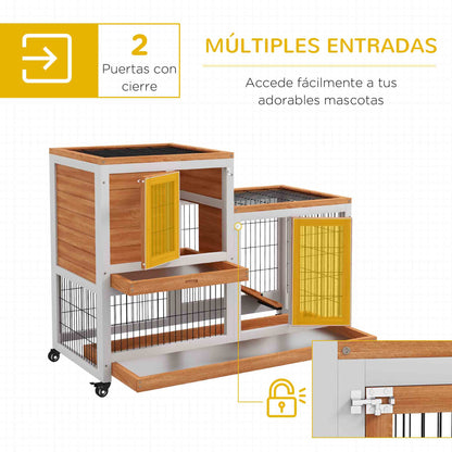 2-Level Wooden Rabbit Hutch Cage for Rabbits with Wheels Doors Open Area Ramp and 2 Removable Trays Indoor Rabbit Hutch 110x50x88 cm Natural and White