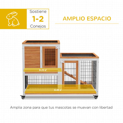 2-Level Wooden Rabbit Hutch Cage for Rabbits with Wheels Doors Open Area Ramp and 2 Removable Trays Indoor Rabbit Hutch 110x50x88 cm Natural and White