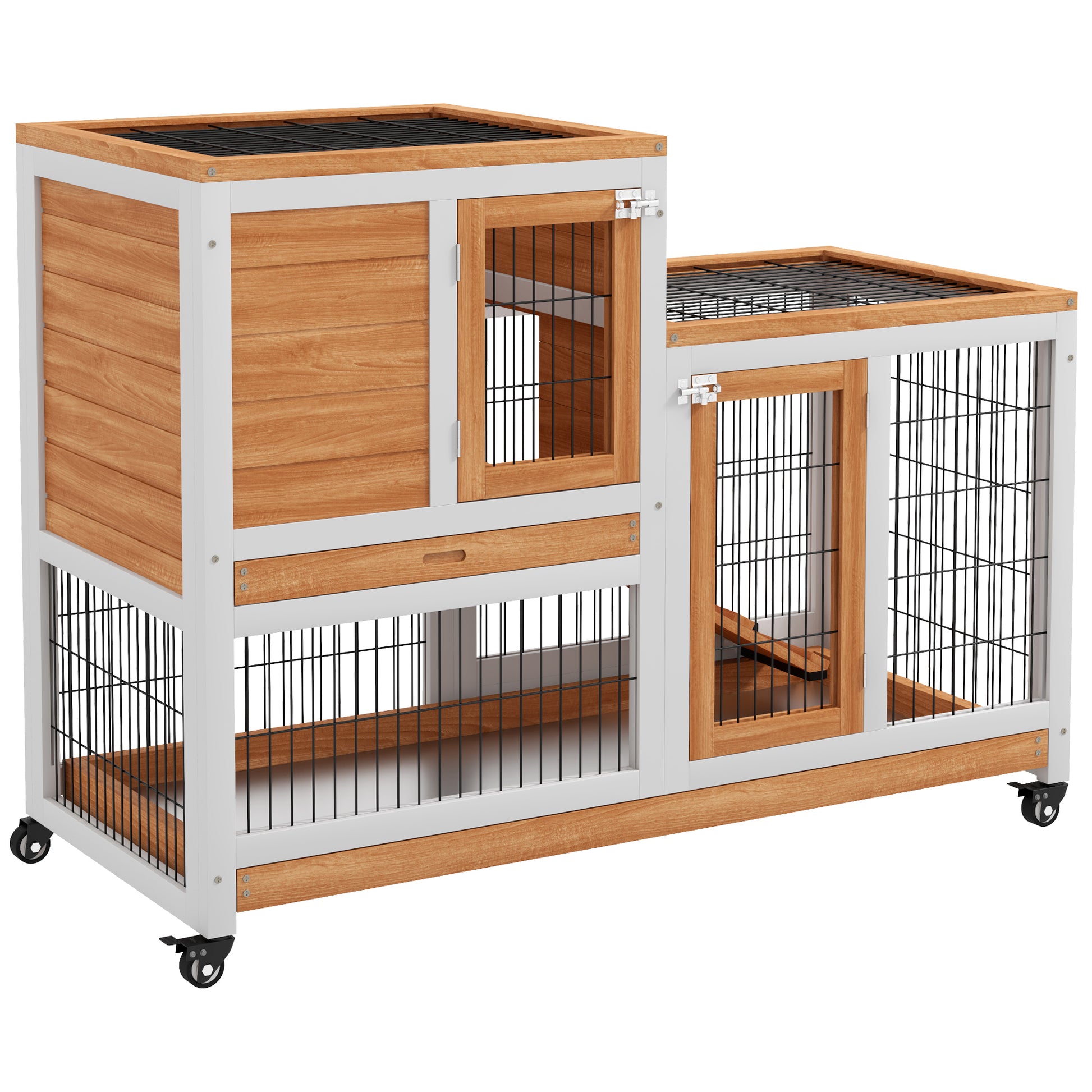 2-Level Wooden Rabbit Hutch Cage for Rabbits with Wheels Doors Open Area Ramp and 2 Removable Trays Indoor Rabbit Hutch 110x50x88 cm Natural and White