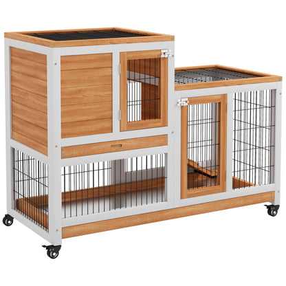 2-Level Wooden Rabbit Hutch Cage for Rabbits with Wheels Doors Open Area Ramp and 2 Removable Trays Indoor Rabbit Hutch 110x50x88 cm Natural and White