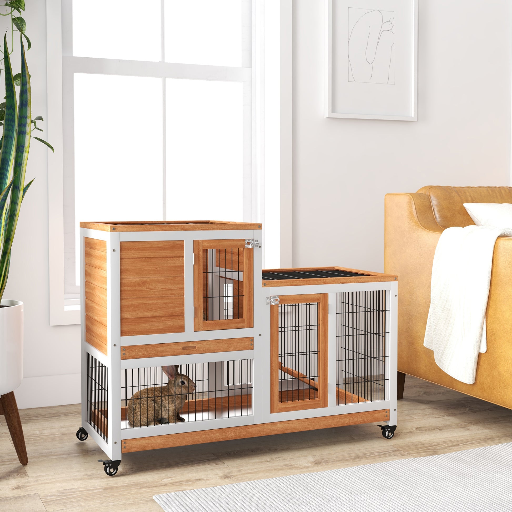 2-Level Wooden Rabbit Hutch Cage for Rabbits with Wheels Doors Open Area Ramp and 2 Removable Trays Indoor Rabbit Hutch 110x50x88 cm Natural and White