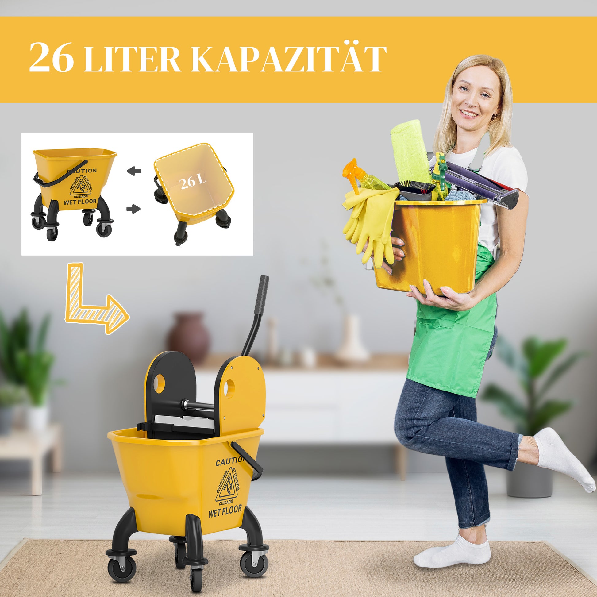 Cleaning Cart 26L Bucket with Wringer and Mop for Household and Commercial Use