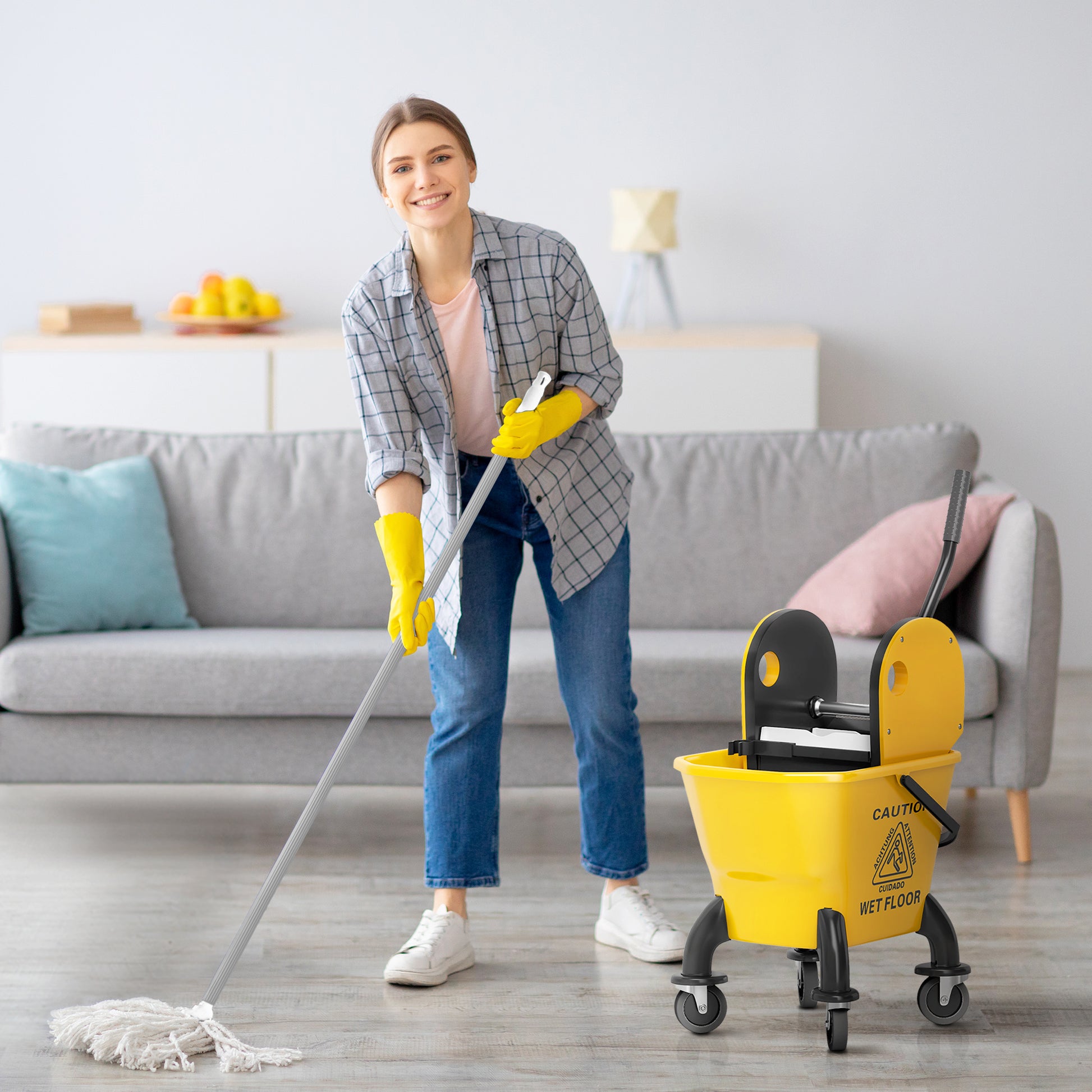 Cleaning Cart 26L Bucket with Wringer and Mop for Household and Commercial Use