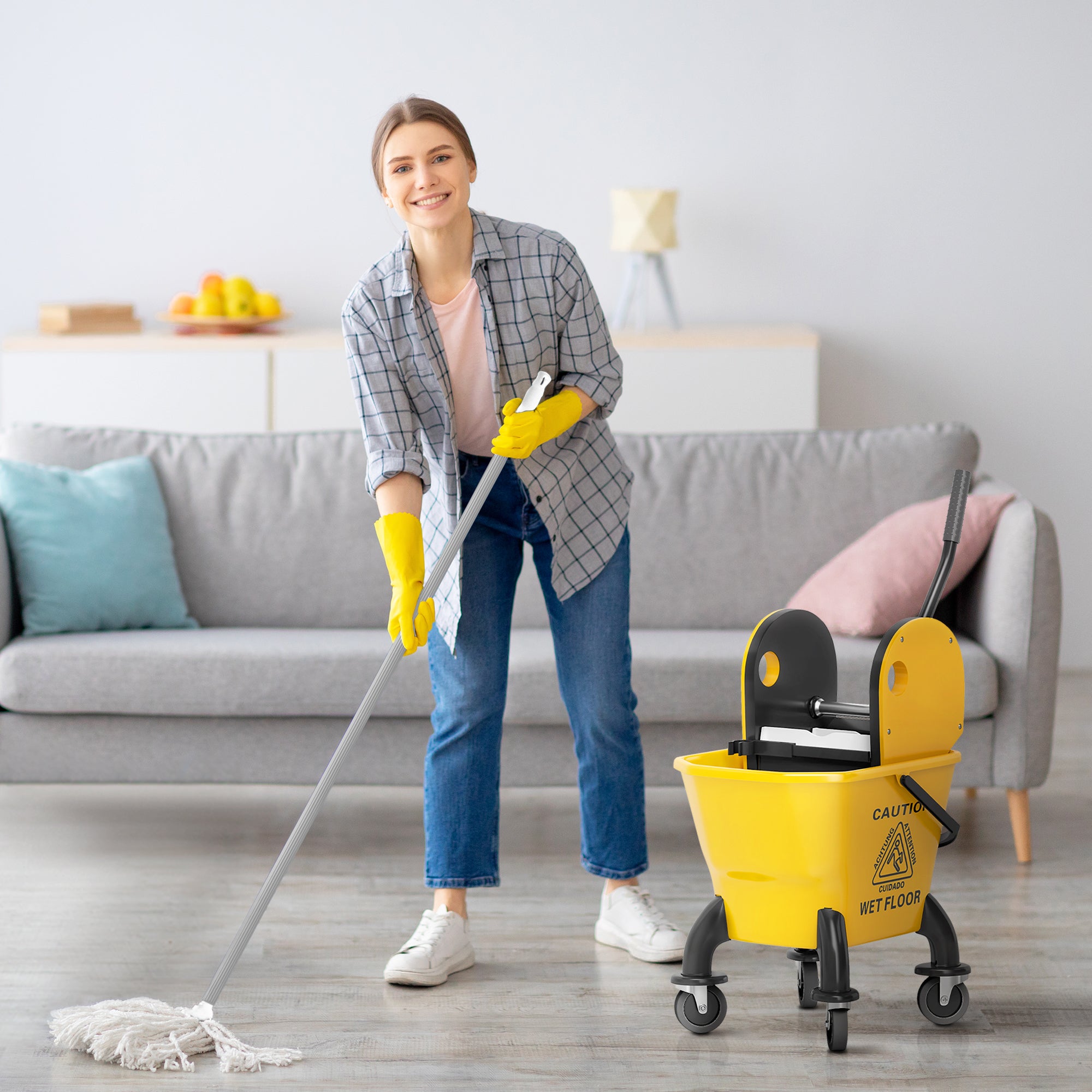 Cleaning Cart 26L Bucket with Wringer and Mop for Household and Commercial Use