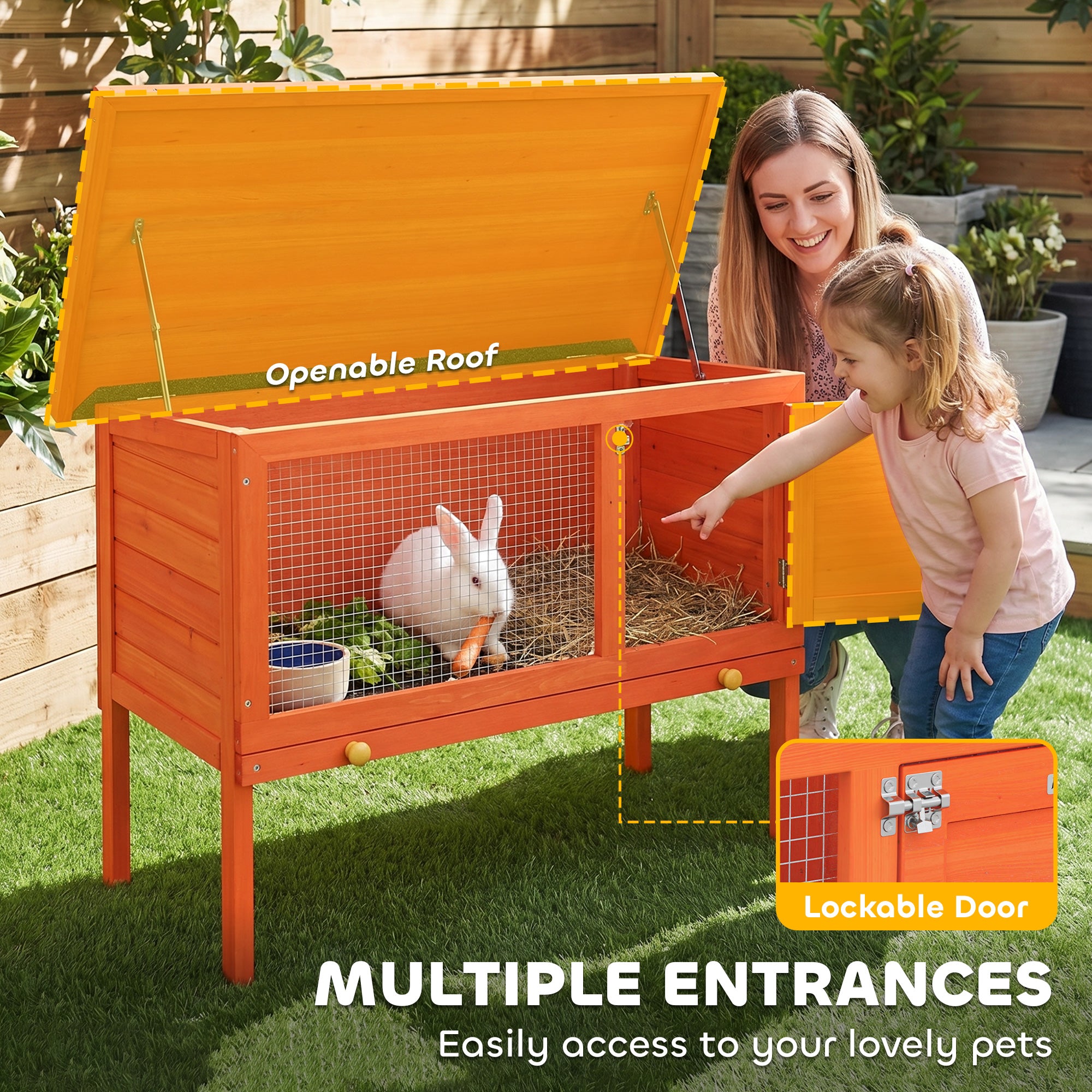 Wooden Rabbit Hutch 90 x 45 x 65 cm (35.4 x 17.7 x 25.6 in) – Elevated Outdoor Small Animal Hutch with Hinged Asphalt Roof, Pull-Out Tray, Door & Galvanized Wire, Orange